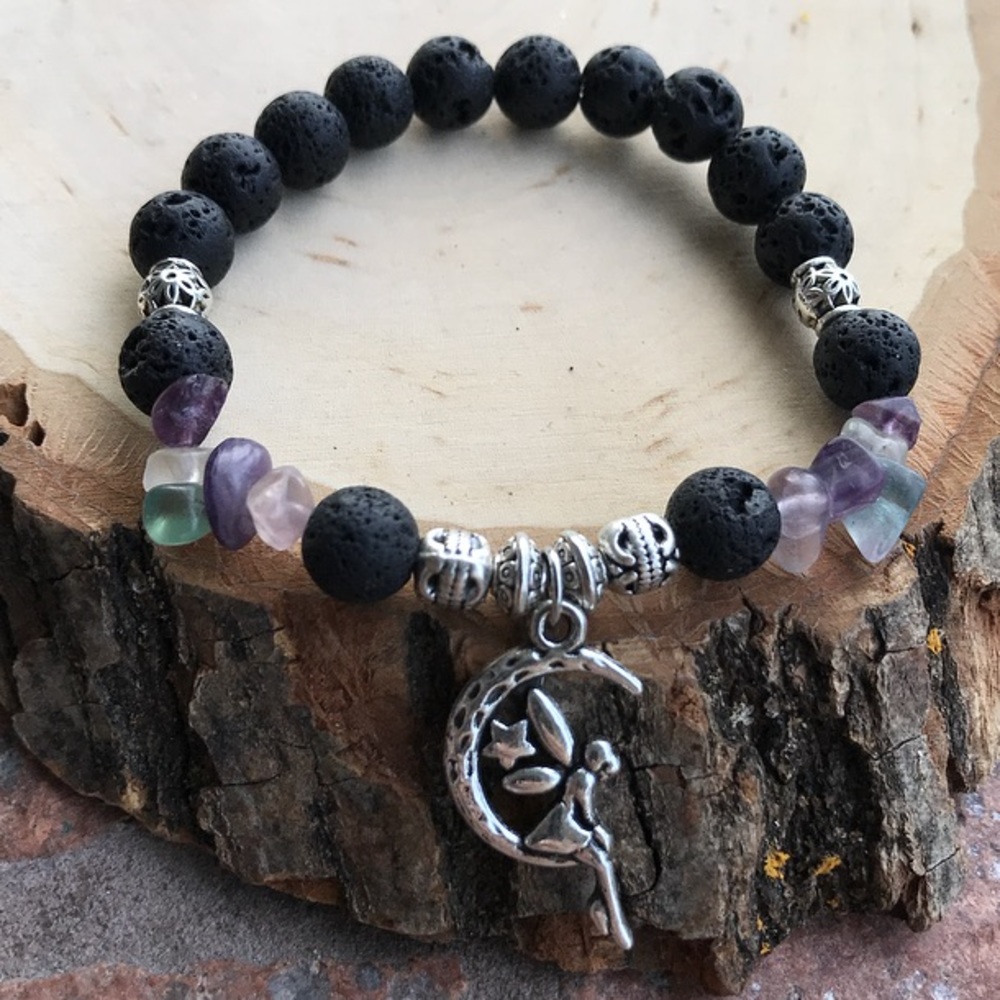 🧚‍♀️Genuine Fluorite & lava rock fairy charm bead bracelet boho